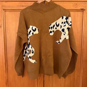 NWT Crown & Ivy Belk Tan Brown Leopard Cats Cheetahs Sweater L